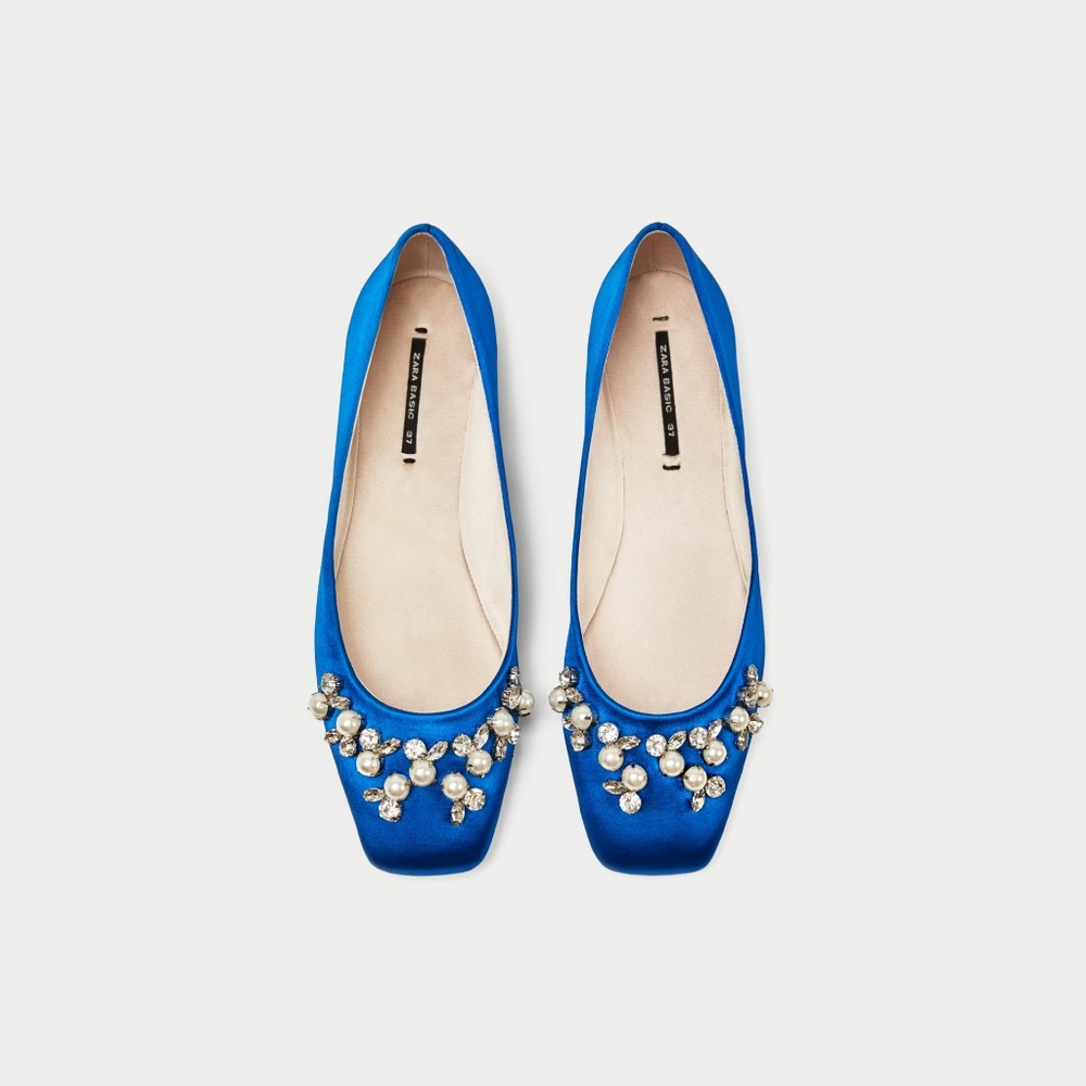 Zara Bejewelled Blue Satin Ballerinas US 6 EU 37 NWT